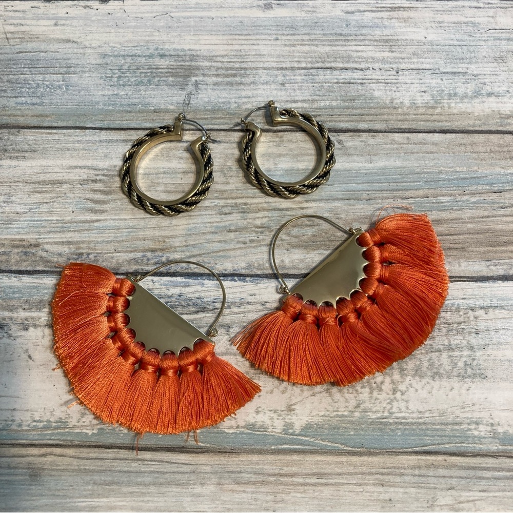 Large Hoops Set of 2 Pairs EARRINGS Gold Tone Orange Fringe Black
